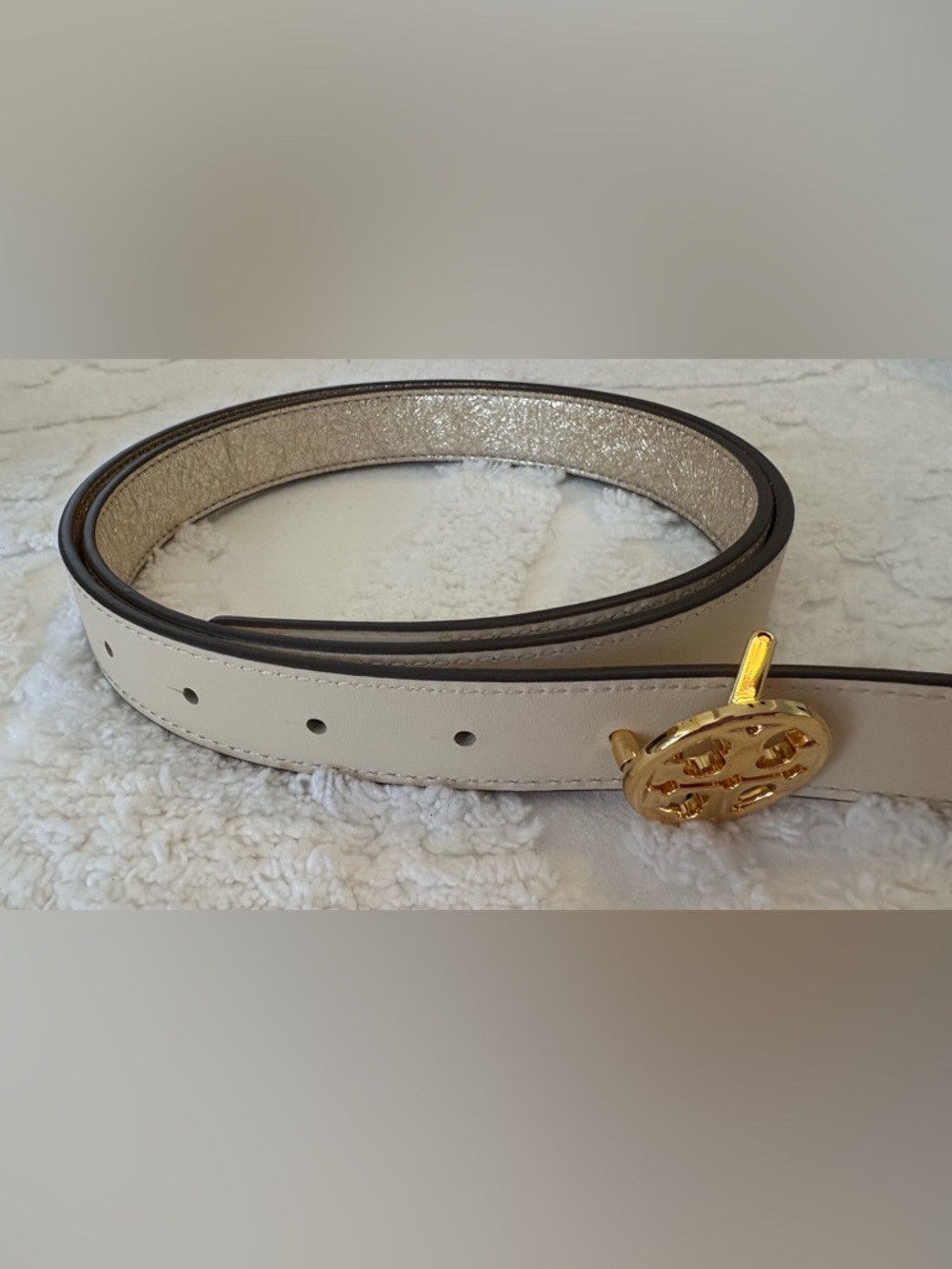 Women's Cream Leather Belt with Gold Buckle